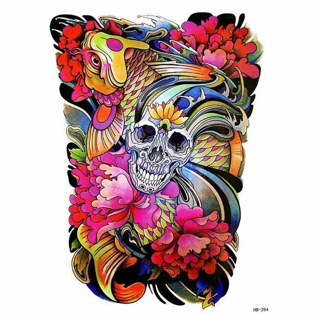 Skull Flowers & Koi Fish Temporary Tattoo Sticker Women Men Fake Tattoos