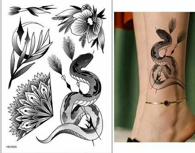 Snake Flowers Womens Tattoos Sticker Girls Waterproof Fake Temporary Tattoo