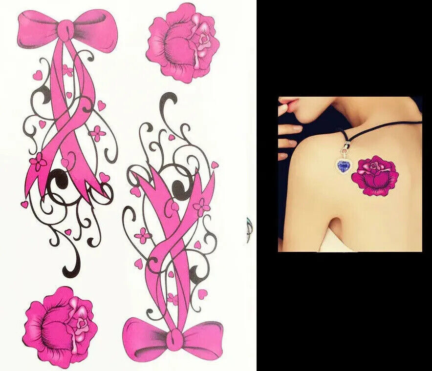 Pink Ribbons Bow Roses Temporary Tattoos Womens Leg Tattoo Waterproof Sexy Arm