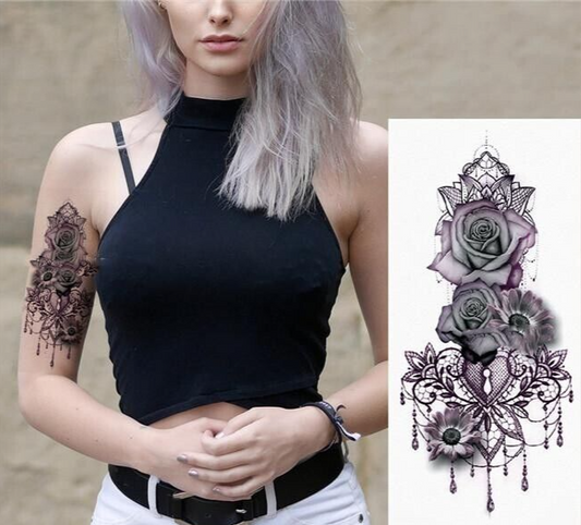Purple Rose Temporary Tattoo Waterproof Fake Womens Tattoos Arm Leg Lace Body
