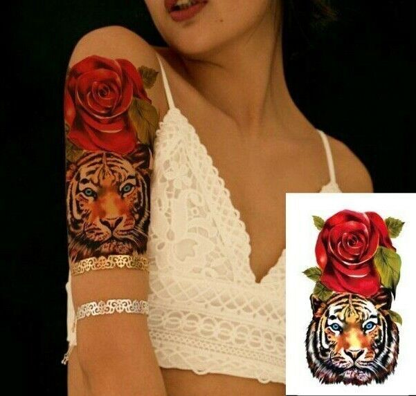 Tiger Roses Flowers Temporary Tattoo Fake Sticker Womens tattoos Sleeve back arm