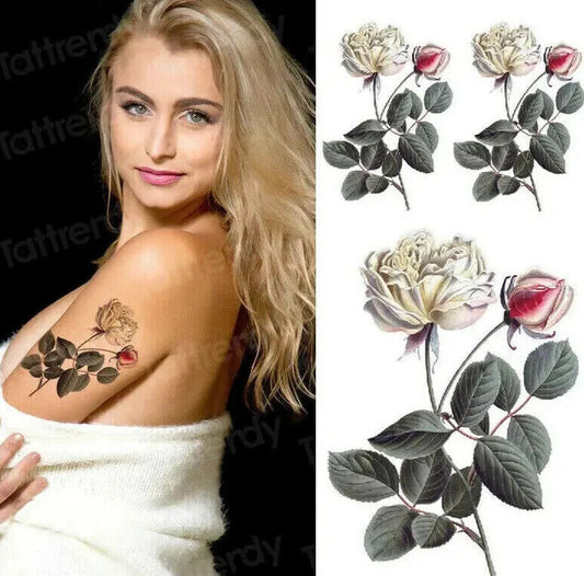 White Red Roses Flower Temporary Tattoo Fake Press on Sticker Womens Body Art