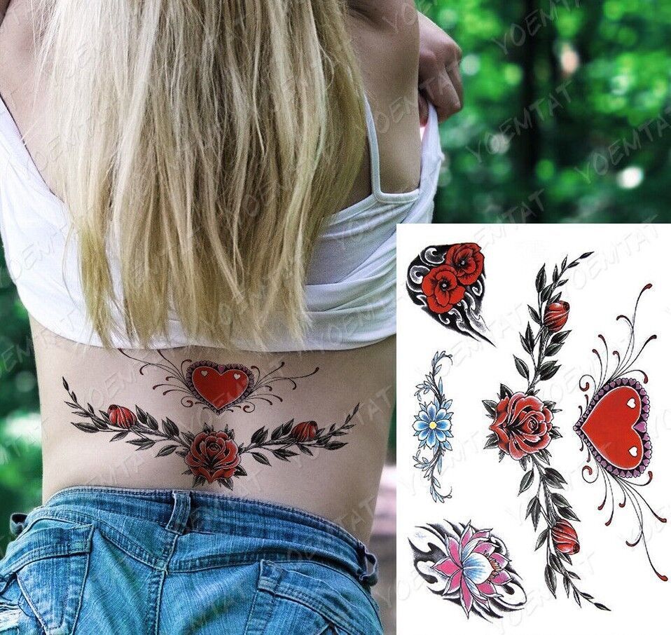 Heart Roses Flower Underboob Temporary Tattoos Transfer Womens Tattoo Chest Arm