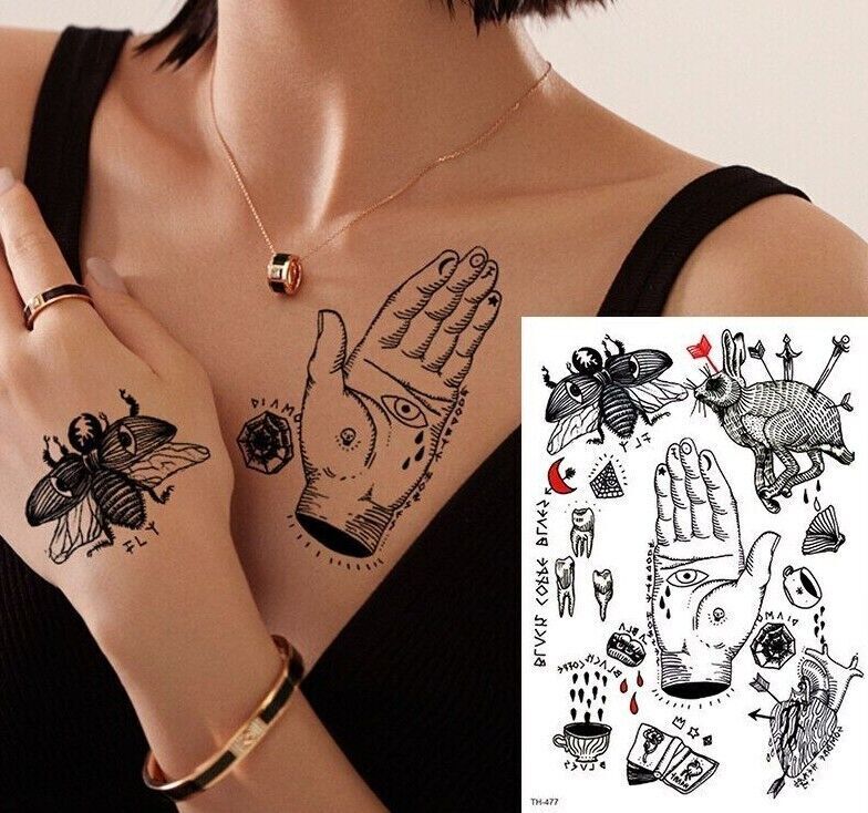 Hand Fly Heart Hare Eye Waterproof Temporary Transfer Tattoo Womens Mens Gothic