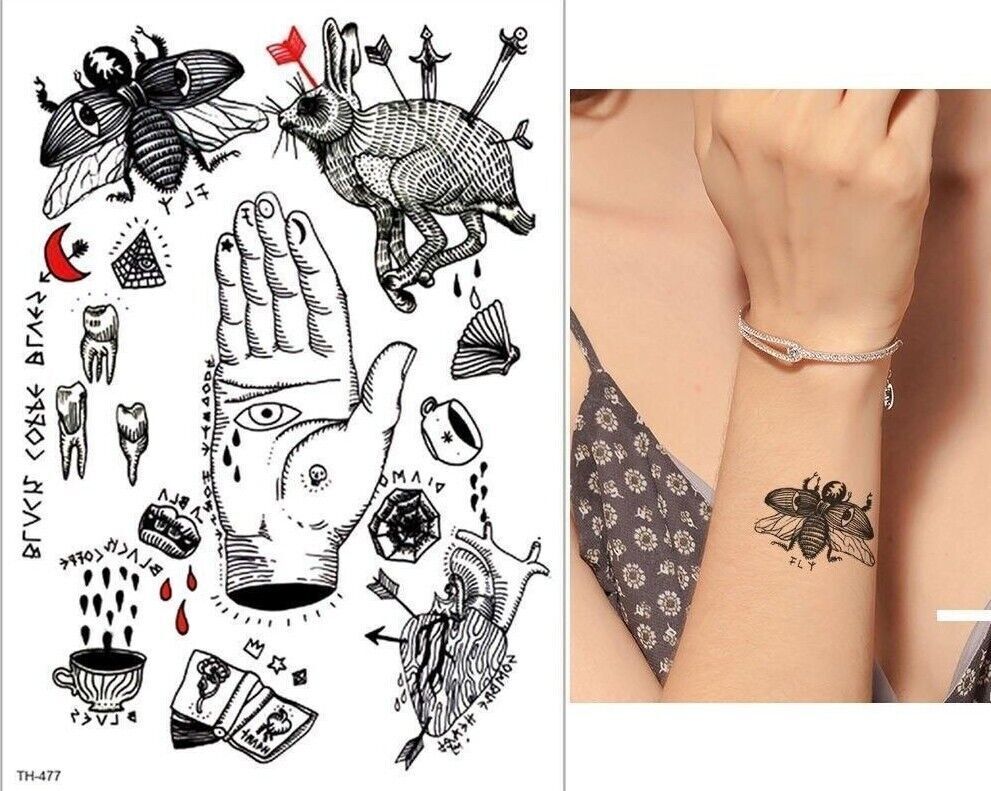 Hand Fly Heart Hare Eye Waterproof Temporary Transfer Tattoo Womens Mens Gothic