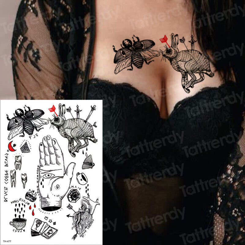 Hand Fly Heart Hare Eye Waterproof Temporary Transfer Tattoo Womens Mens Gothic