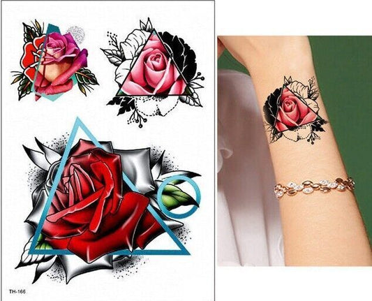 Red Roses Triangle Waterproof Temporary Transfer Tattoo Womens Mens Sleeve