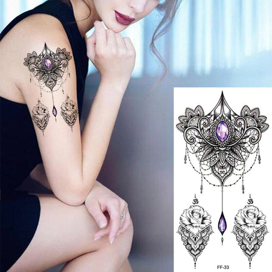 Amethyst Purple Temporary Tattoo Mandala Jewel Lace Rose  Women Arm Leg Press on