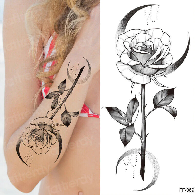 Rose Moon Temporary Tattoo Womens Mens Arm Thigh Leg Chest Moon Crest Waterproof