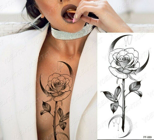 Rose Moon Temporary Tattoo Womens Mens Arm Thigh Leg Chest Moon Crest Waterproof