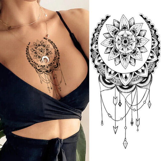 Sexy Spiritual Mandala Moon Crest Temporary Tattoo Women Arm Leg Chest Sticker