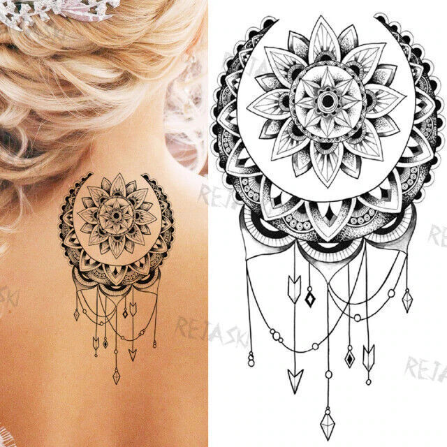 Sexy Spiritual Mandala Moon Crest Temporary Tattoo Women Arm Leg Chest Sticker