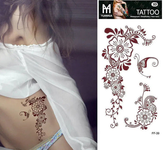 Red Brown Floral Butterfly Temporary Tattoos Women Girl Arm Leg Butterflies