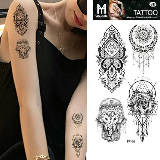 Mandala Butterfly Elephant Crest Temporary Tattoos Women Arm Leg small tattoo