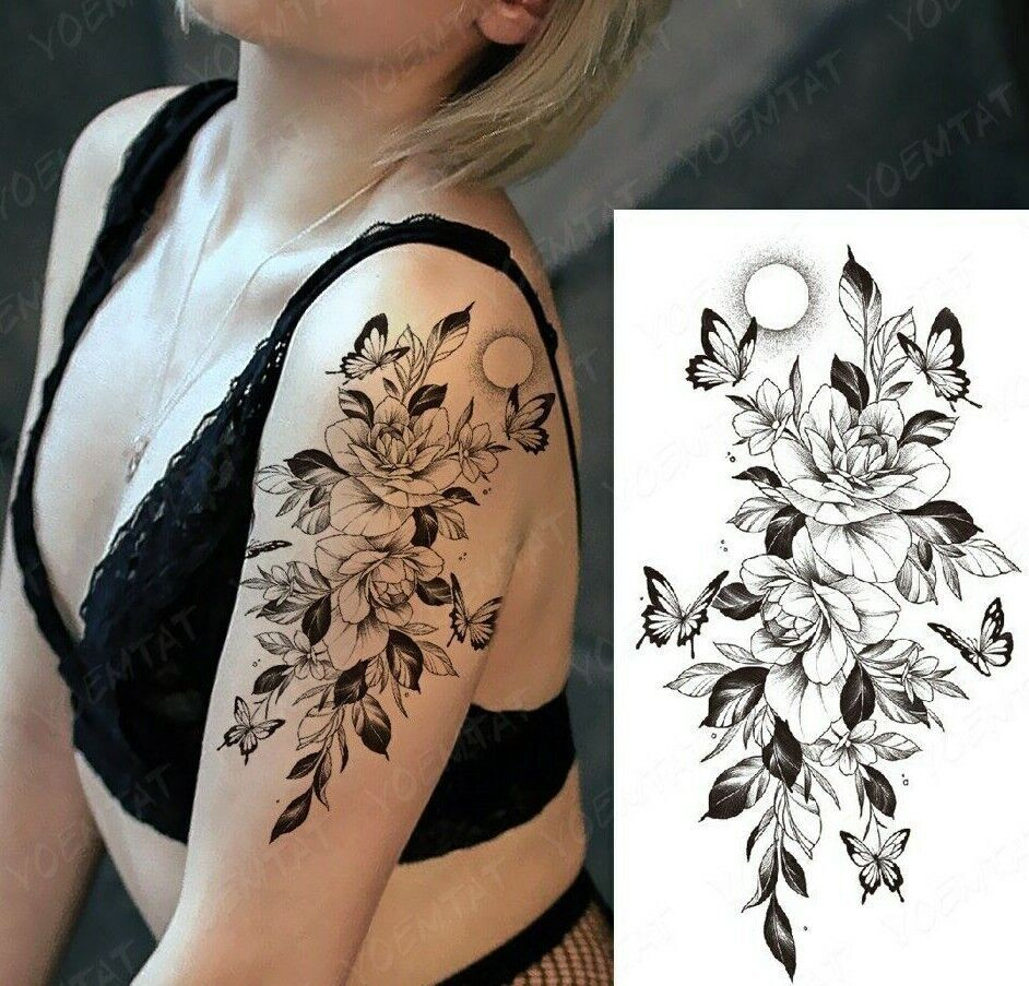 Butterflies Flowers Temporary Tattoo Fake Women Arm Leg Thigh Waterproof Tattoos