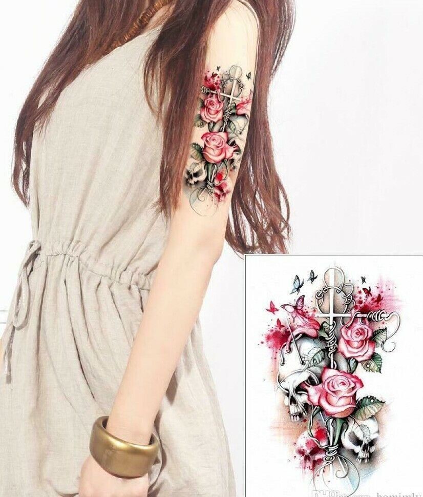 Pink Roses Skulls Temporary Tattoo Womens Tattoos Sleeve Arm Fake Sticker Sexy