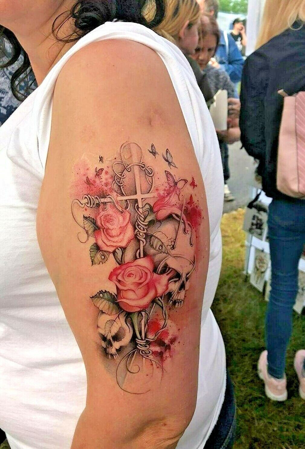 Pink Roses Skulls Temporary Tattoo Womens Tattoos Sleeve Arm Fake Sticker Sexy