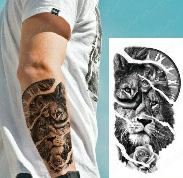 Lion & Rose Time Watch Waterproof Temporary Tattoo Fake Sticker Women Mens Arm