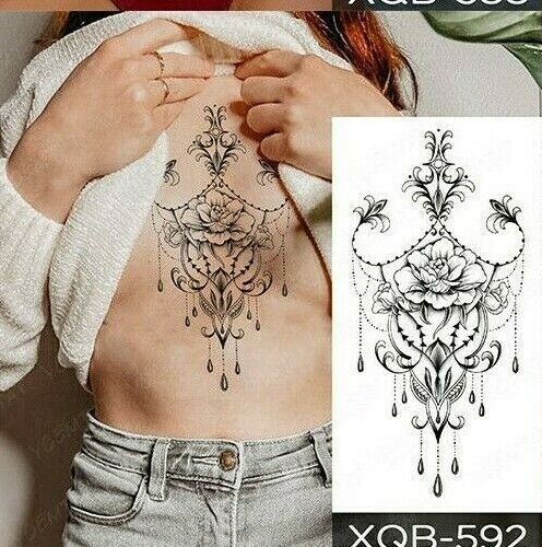 Chest Tattoo Flowers Lace Fake Sticker Womens Sternum Arm Leg Thigh Waterproof