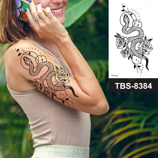 Snake Flowers Womens Temporary Tattoos Fake Sticker Tattoo Mens Arm Leg Body