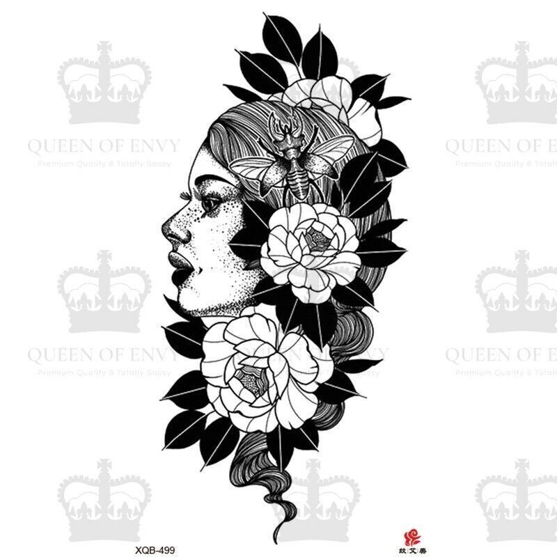 Woman Face Flowers Temporary Tattoo Fake Waterproof Sticker Womens Mens Arm Leg