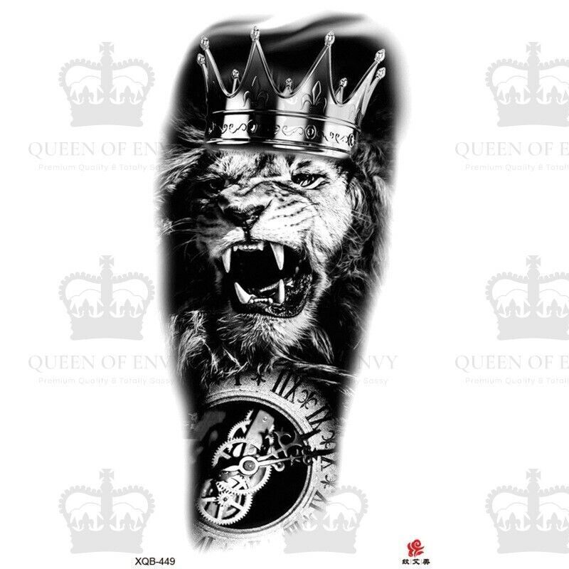 King Lion Roar & Time Piece Temporary Tattoo Fake Sticker Womens Mens Arm Leg