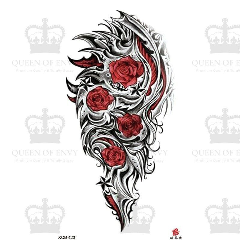 Red Roses & Metal Temporary Tattoo Fake Press Sticker Womens Mens Arm Leg