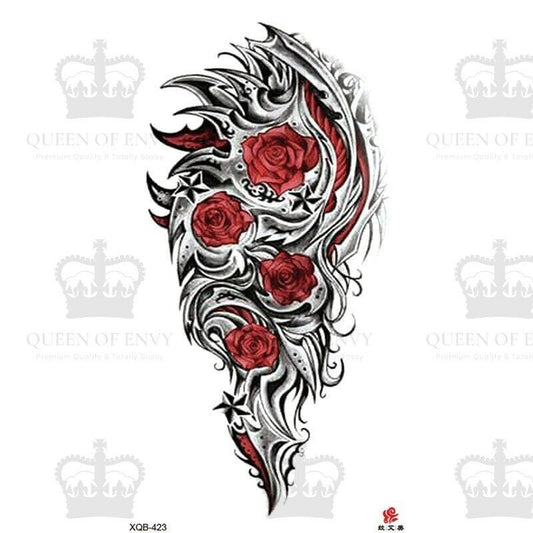 Red Roses & Metal Temporary Tattoo Fake Press Sticker Womens Mens Arm Leg