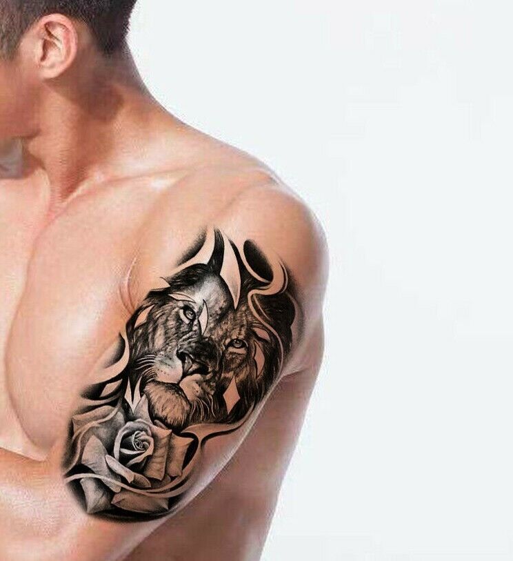 Lion Head & Rose Temporary Tattoo Fake Press on Sticker Womens Mens Arm Leg