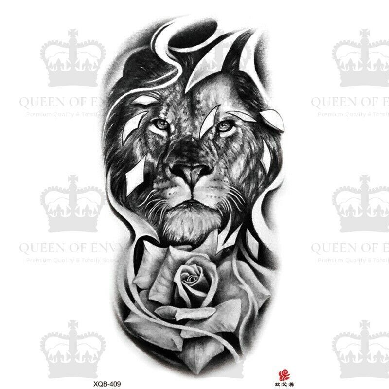 Lion Head & Rose Temporary Tattoo Fake Press on Sticker Womens Mens Arm Leg