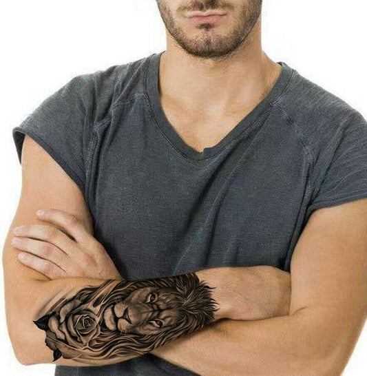 Lion Rose Temporary Tattoo Fake Press on Sticker Womens Mens Waterproof Tattoos
