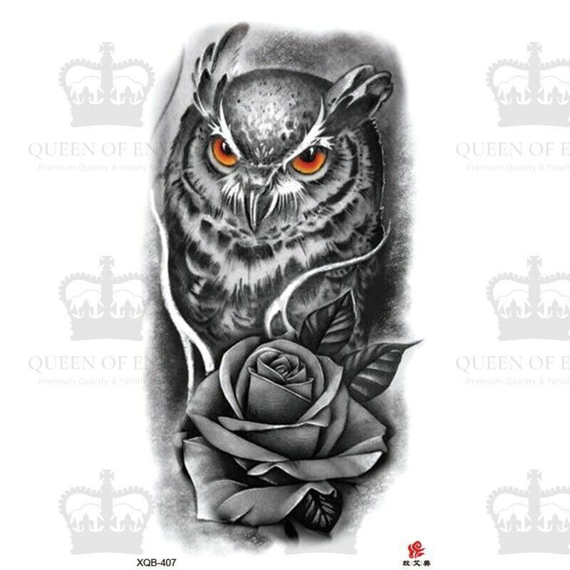 Owl Rose Flower Temporary Tattoo Fake Press on Sticker Womens Mens Arm Leg