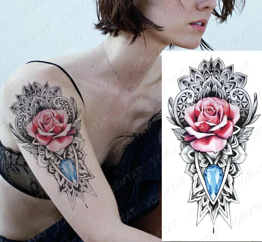 Pink Rose Flowers Temporary Tattoo Fake Press Sticker Women Mens Sleeve Gem