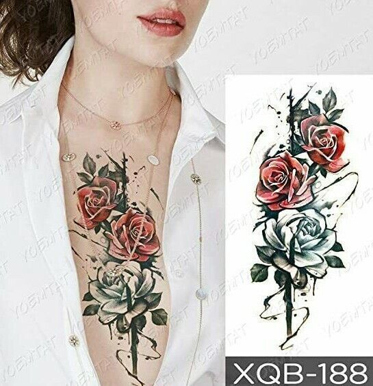 Red Roses Temporary Tattoo Fake Press Sticker Women Mens Sleeve Arm UK