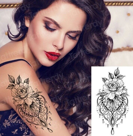 Flowers Black Lace Temporary Tattoo Womens Waterproof Tattoos Fake Press Sticker