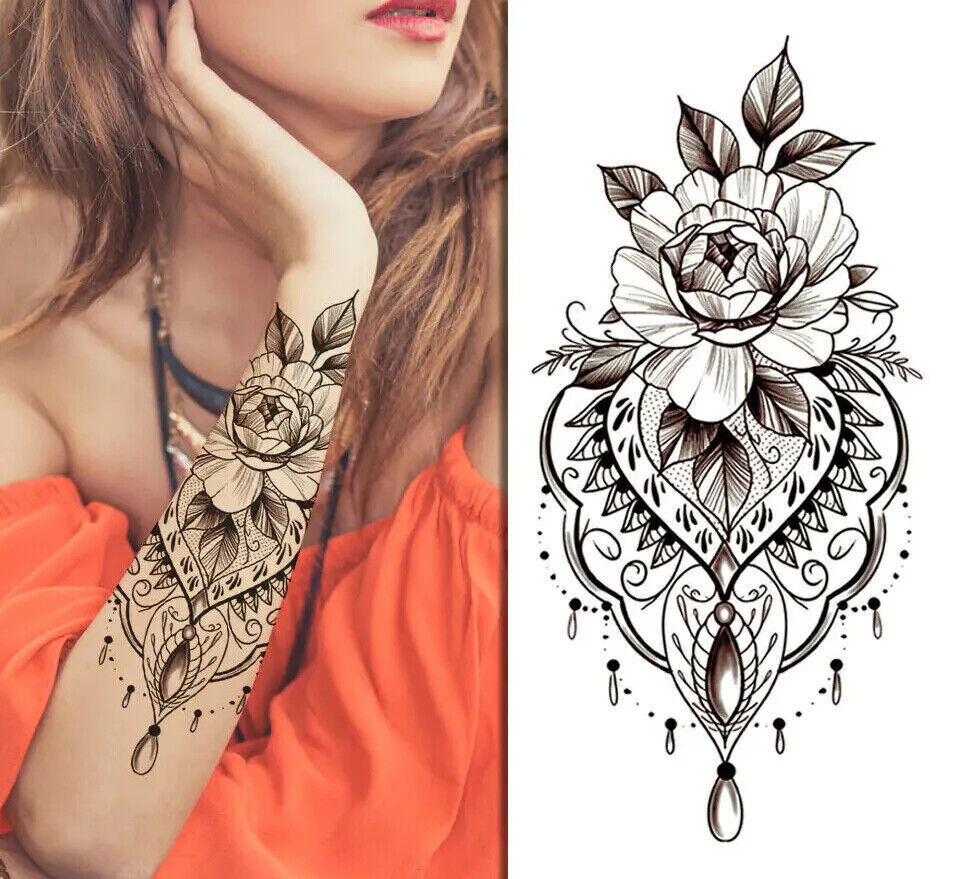 Flowers Black Lace Temporary Tattoo Womens Waterproof Tattoos Fake Press Sticker