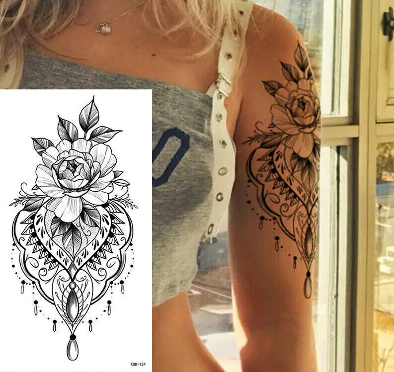 Flowers Black Lace Temporary Tattoo Womens Waterproof Tattoos Fake Press Sticker