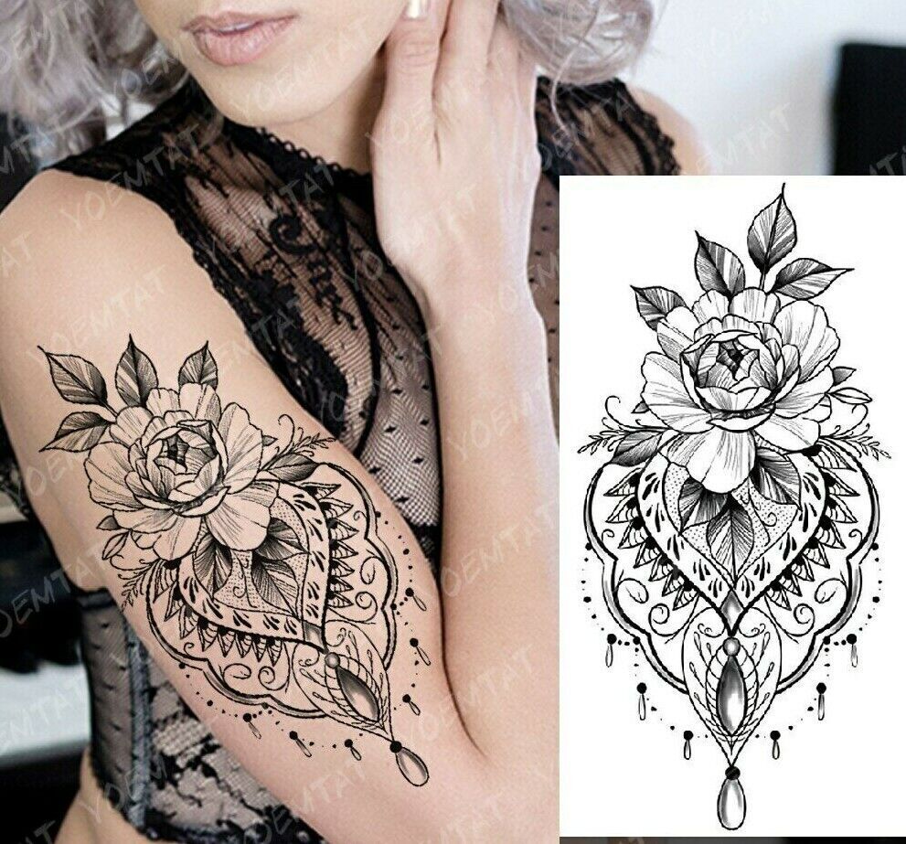 Flowers Black Lace Temporary Tattoo Womens Waterproof Tattoos Fake Press Sticker