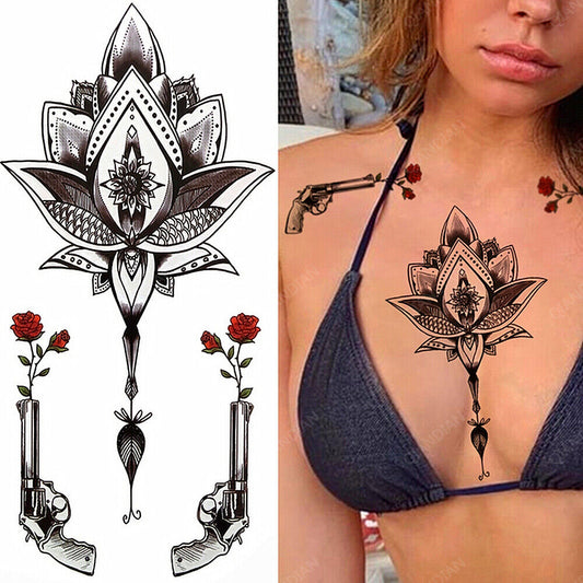 guns roses Temporart Tattoo Flowers Lotus Tattoos Fake Press on Sticker Womens