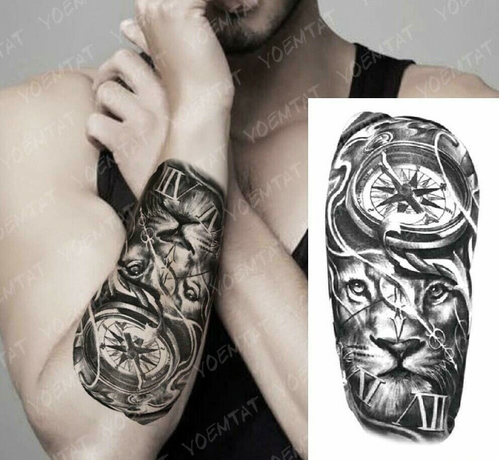 Lion & Compass, Time Temporary Tattoo Fake Press Sticker Women Mens