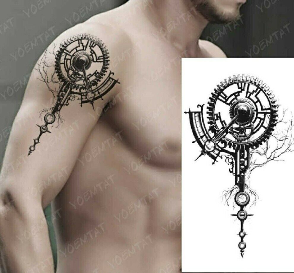 Time Clock Steam Punk Temporary Tattoo Fake Press on Sticker Women Mens Girls