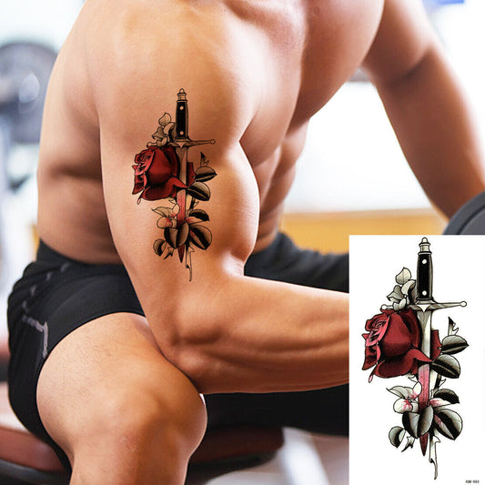 Red Roses & Knife Temporary Tattoo Dagger Love Fake Sticker Women Mens