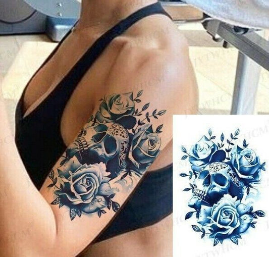 Skull Roses Womens Temporary Tattoo Sticker Fake Arm Leg Mens Waterproof Tattoos
