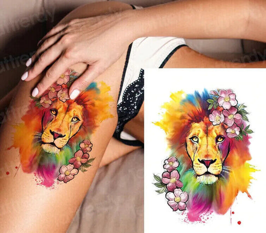 Lion Flowers Temporary Tattoo Sticker Womens waterproof tattoos Fake Arm Leg