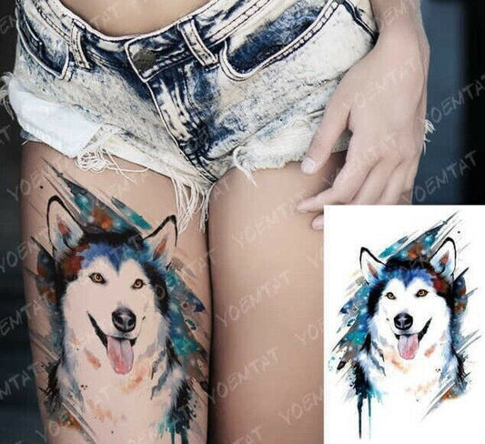 Husky Dog Temporary Tattoo Waterproof Sticker Womens Fake tattoos Leg Mens