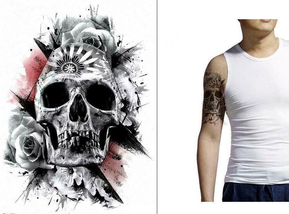 Skull Roses Waterproof Temporary Tattoos Sticker Womens tattoo Fake Arm Leg Mens