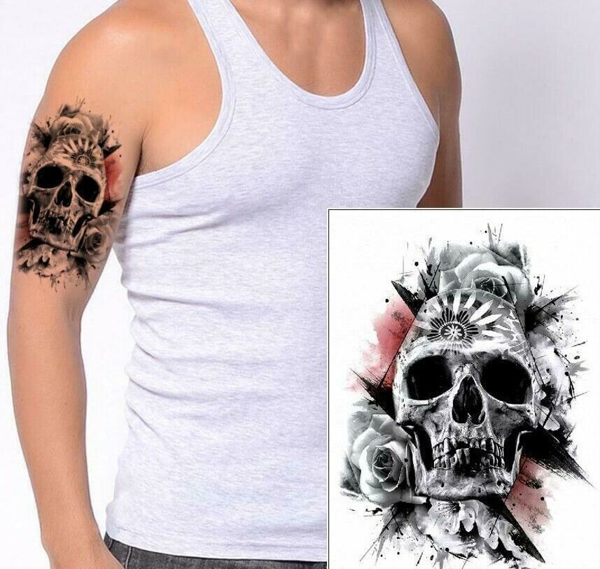 Skull Roses Waterproof Temporary Tattoos Sticker Womens tattoo Fake Arm Leg Mens