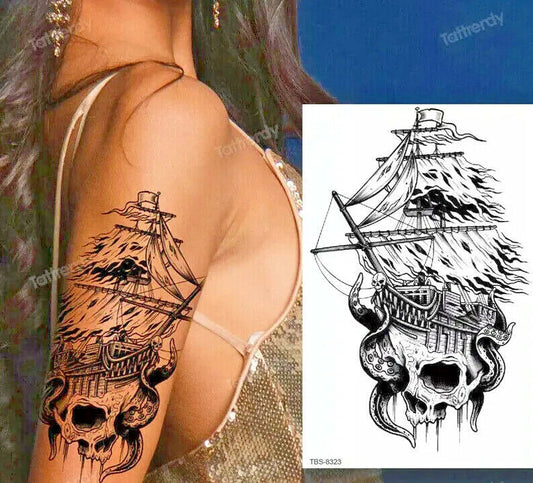 Ghost Ship Mens Tattoos Galleon Skull Death Sailor Temporary Tattoo Fake Womens