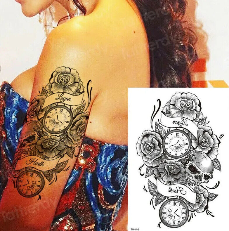 Womens Sexy Tattoo Skull Watch Tattoos Sticker Womens Fake Arm Sleeve Leg