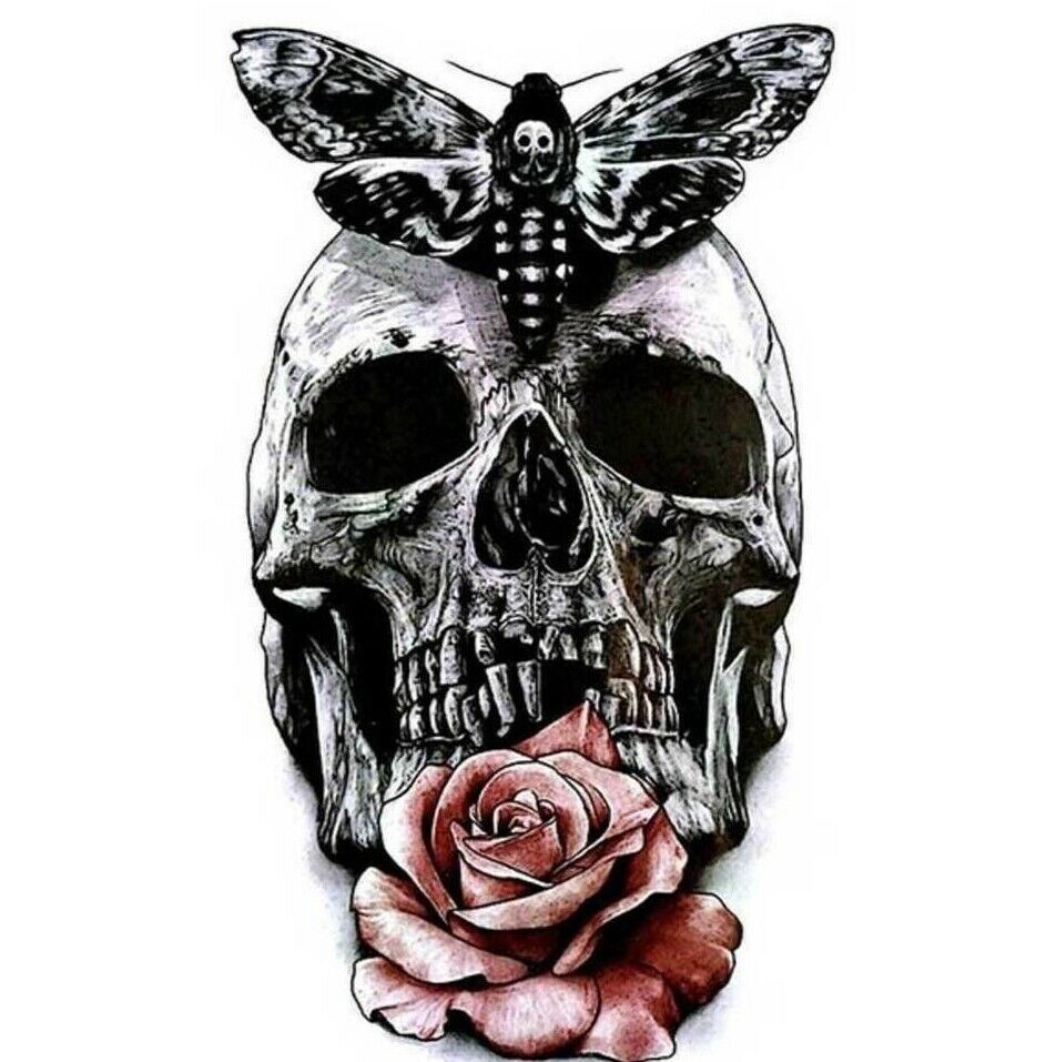 REALISTIC Skull with Rose Moth Temporary Tattoos Sleeve Women Mens Fake Sticker